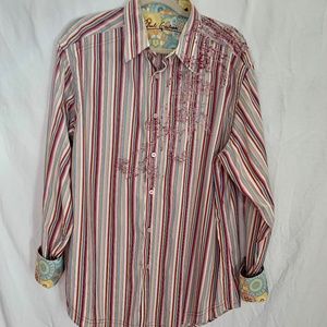 Robert Graham Striped and Embroidered Mens Shirt Size XL